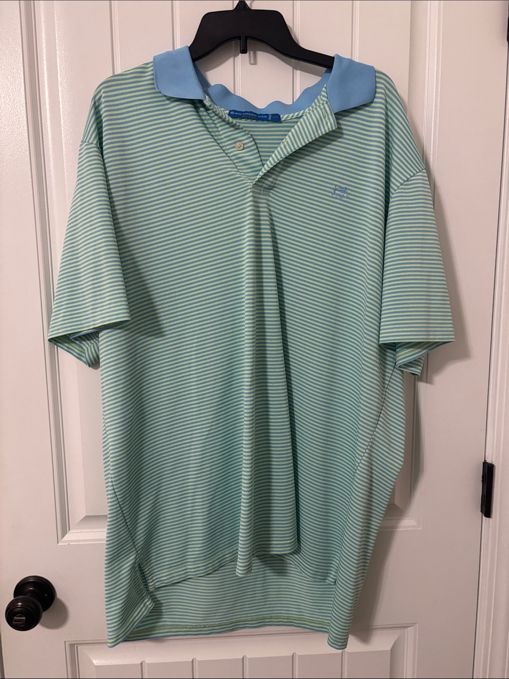 Southern Tide Mint and Light Blue Striped Polo